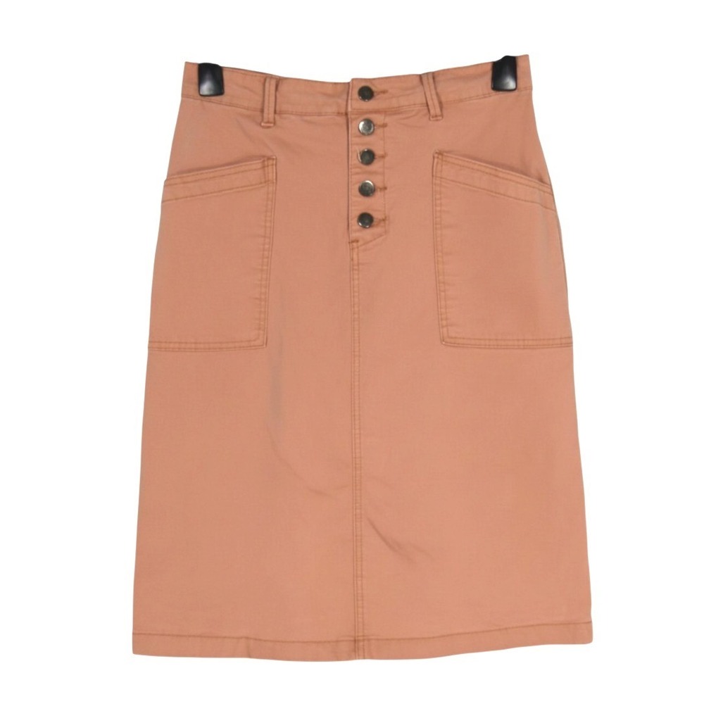 INHERIT Brown-Pink STRETCH DENIM Button KENNEDY MIDI Straight/Pencil SKIRT 7/8R